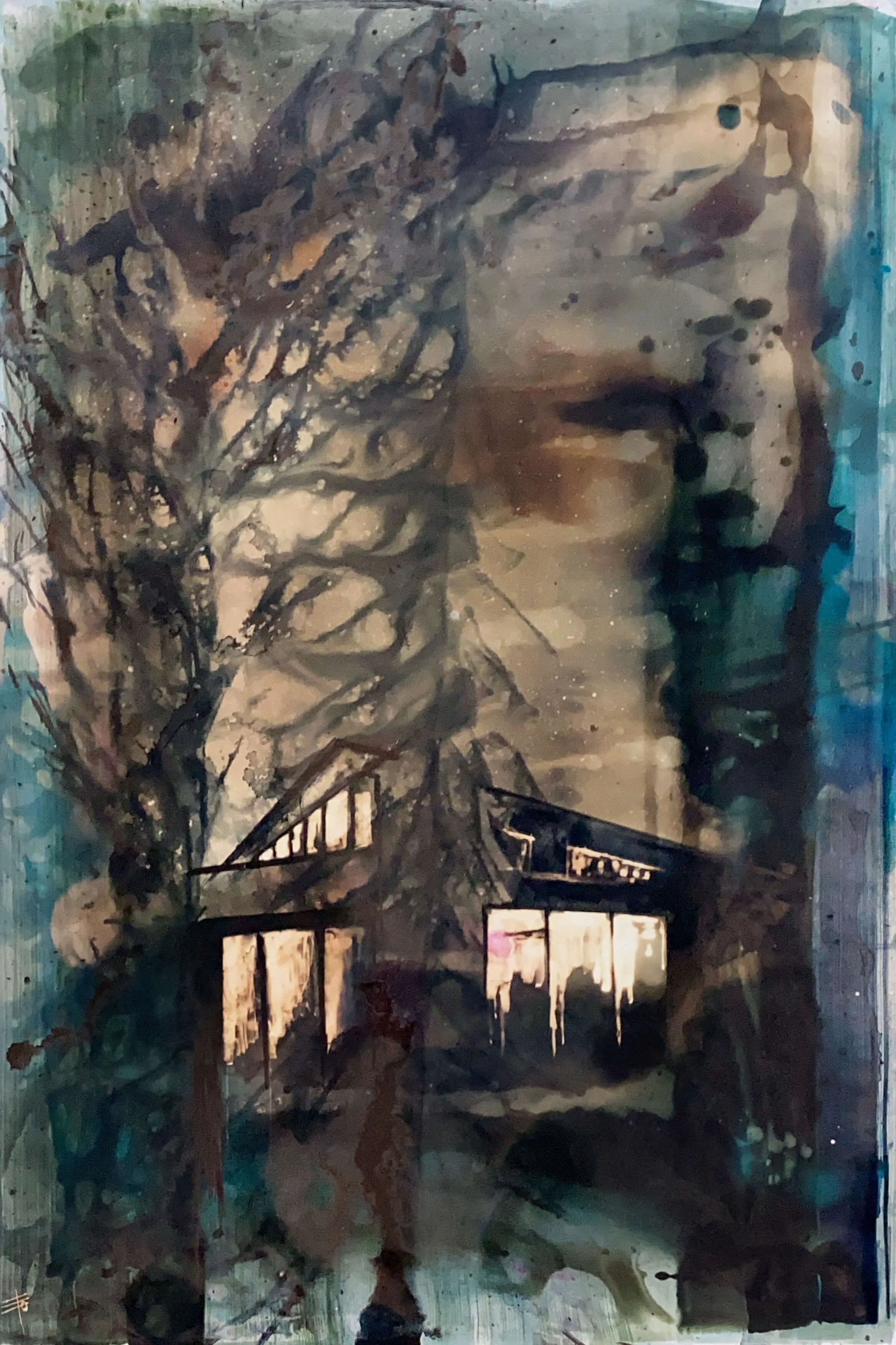 Ein Gemälde, das einen Mann mit gelber Mütze, dunkler Jacke und Jeans in einer urbanen Umgebung zeigt, mit einer Treppe und einer Mauer im Hintergrund, in einem expressionistischen Stil.