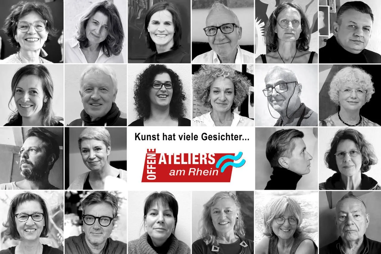 a photo collage of artists paerticipating in offene ateliers am rhein