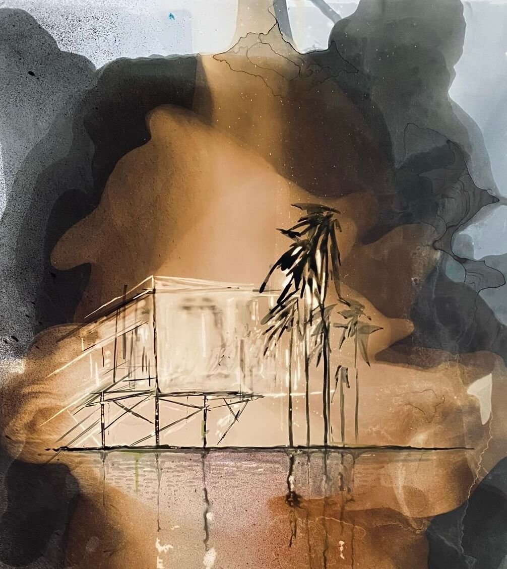 Ghost Writer. Abstrakte Kunst mit Wasserfarben in Erdtönen, schwarzer Spritztechnik und einer minimalistischen schwarzen künstlerischen Darstellung eines Hauses oder einer Struktur mit Pflanzen im Vordergrund.