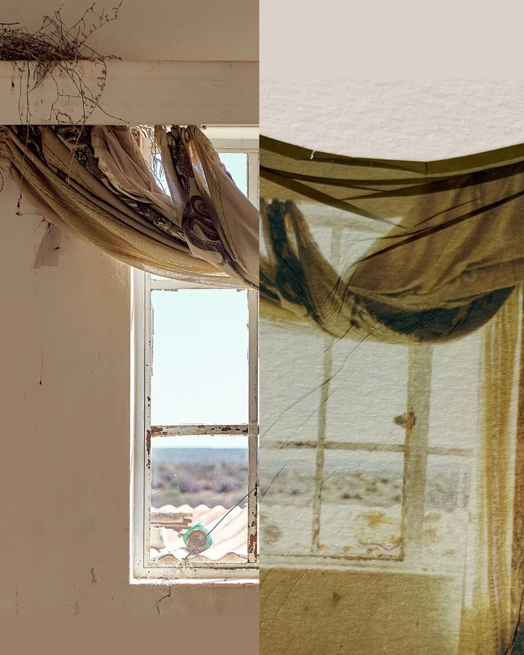Geteiltes Bild: Links ein altes, schmutziges Fenster mit einem von Tüchern bedeckten Fensterrahmen und einer vorbeiziehenden Landschaft im Hintergrund, rechts eine Decke an einer Wand, die ebenfalls alt und schmutzig ist.