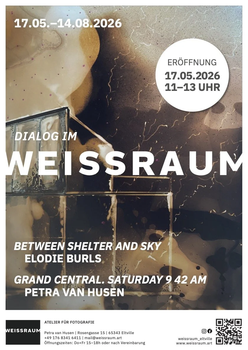 Ein Plakat für eine Kunstausstellung mit den Informationen zu Datum, Uhrzeit, Titel „Dialog im Weissraum“, und Details zur Eröffnung am 17.05.2026 von 11 bis 13 Uhr. Das Design zeigt abstrakte, farbenfrohe Muster im Hintergrund.