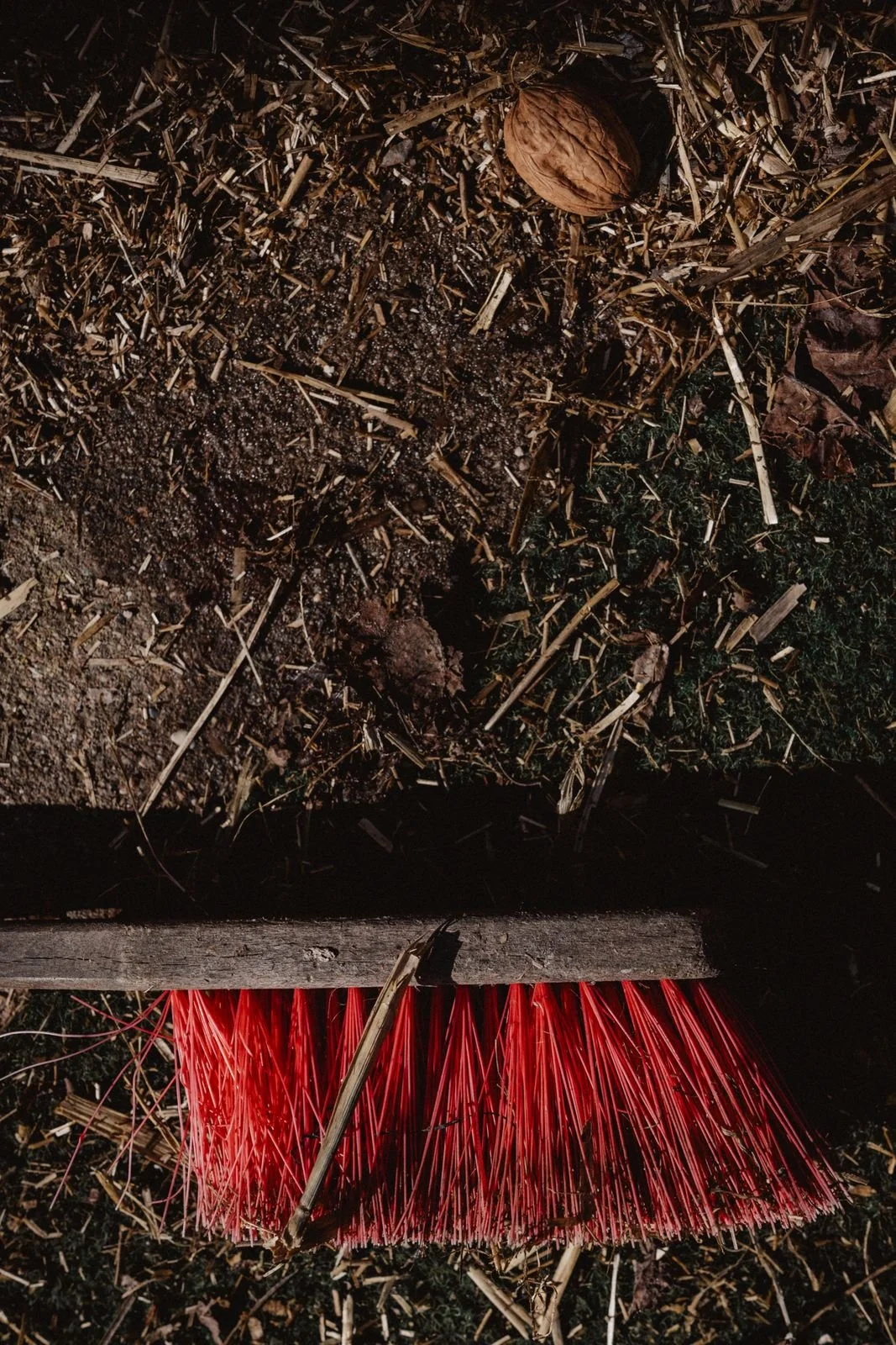 Boden mit Staub, Sand, Holzspänen und Blättern, darunter eine rote Straßenbesenbürste.