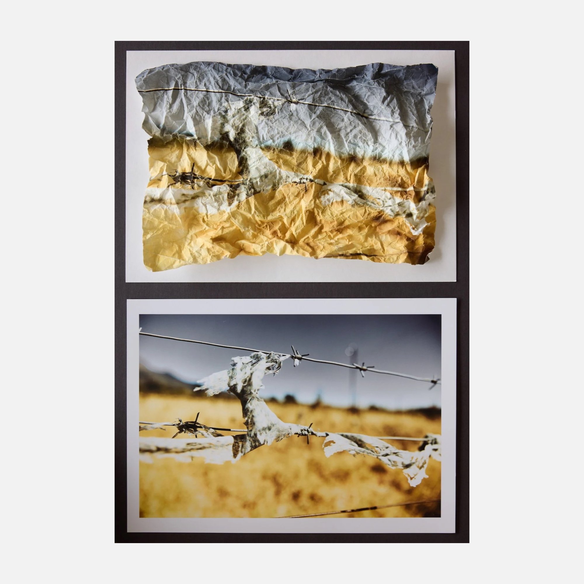 Ein gerahmtes Kunstwerk zeigt eine Collage aus zerknittertem, realistisch gemalten Papier, das Bilder von Berglandschaften und Natur enthält.