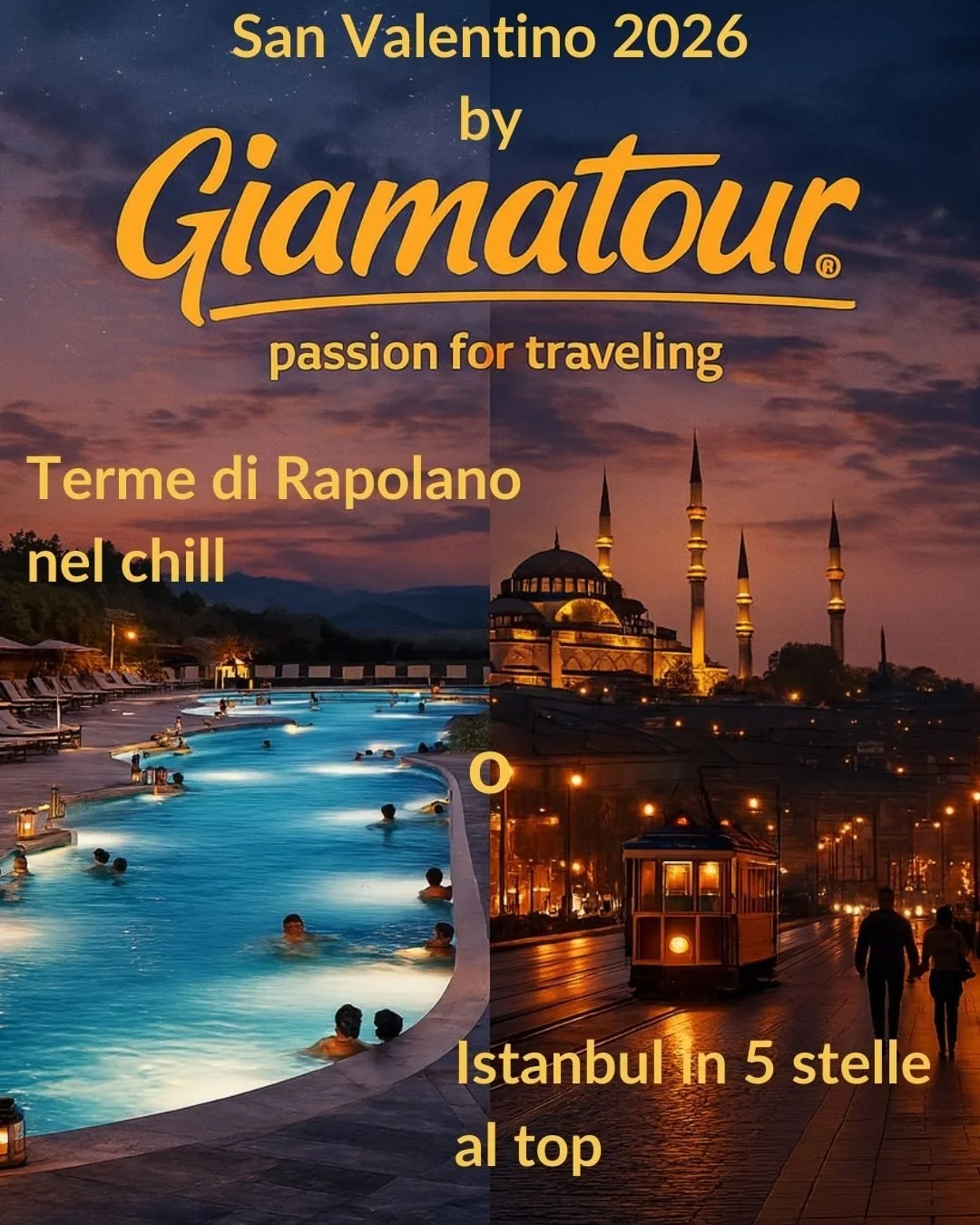 Che tipo sei a San Valentino?

Tra chi ama perdersi nel silenzio caldo delle Terme di Rapolano e chi sogna il fascino vibrante di Istanbul al tramonto, Giamatour ha un itinerario apposta per voi.

Due modi diversi di vivere l&rsquo;amore.
Quale scegl