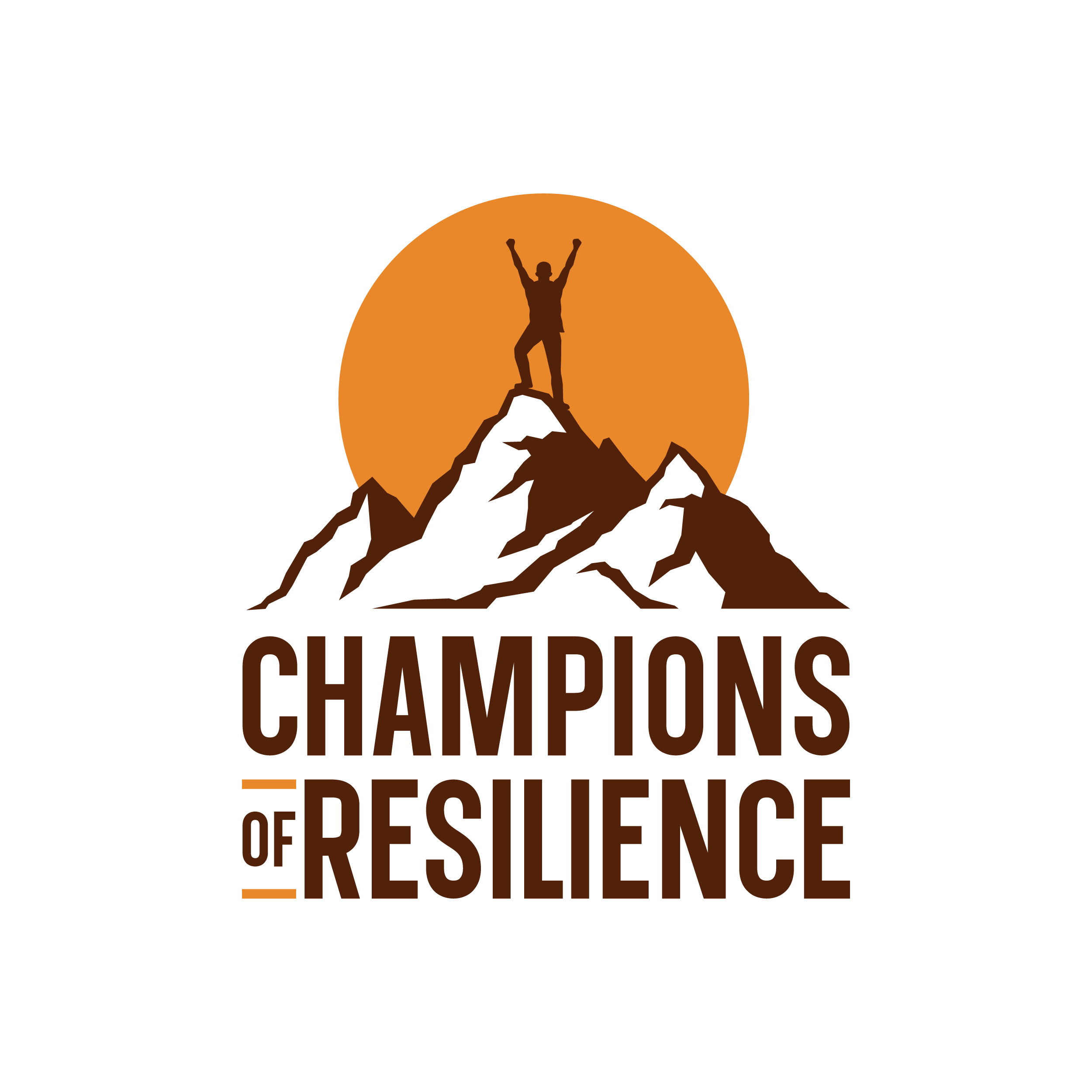 Silhouette of a person standing triumphantly on top of a mountain with an orange sun behind, below the text 'Champions of Resilience' in brown, on a black background.