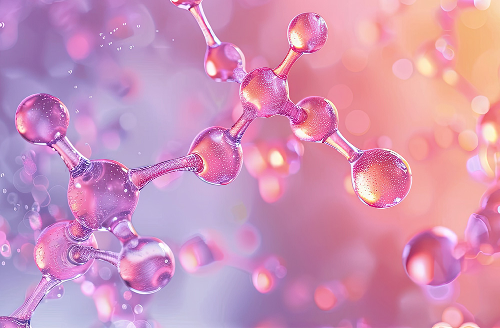 Close-up illustration of a molecule with pink and purple spheres connected by rods, on a colorful, blurred background.