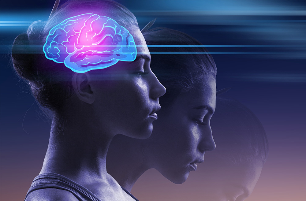 A woman with her eyes closed and her head in profile, with a digital illustration of a brain overlayed on her head, showing neural activity. The background is dark with horizontal light streaks.