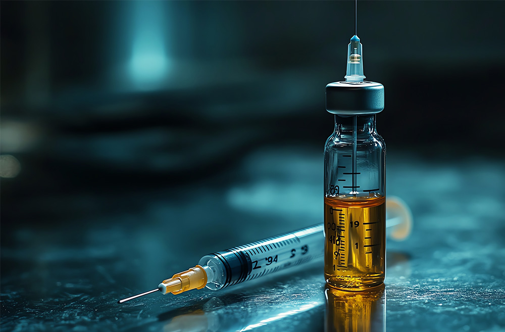 A syringe and a small glass vial filled with yellow liquid on a reflective surface, with a blurred background.