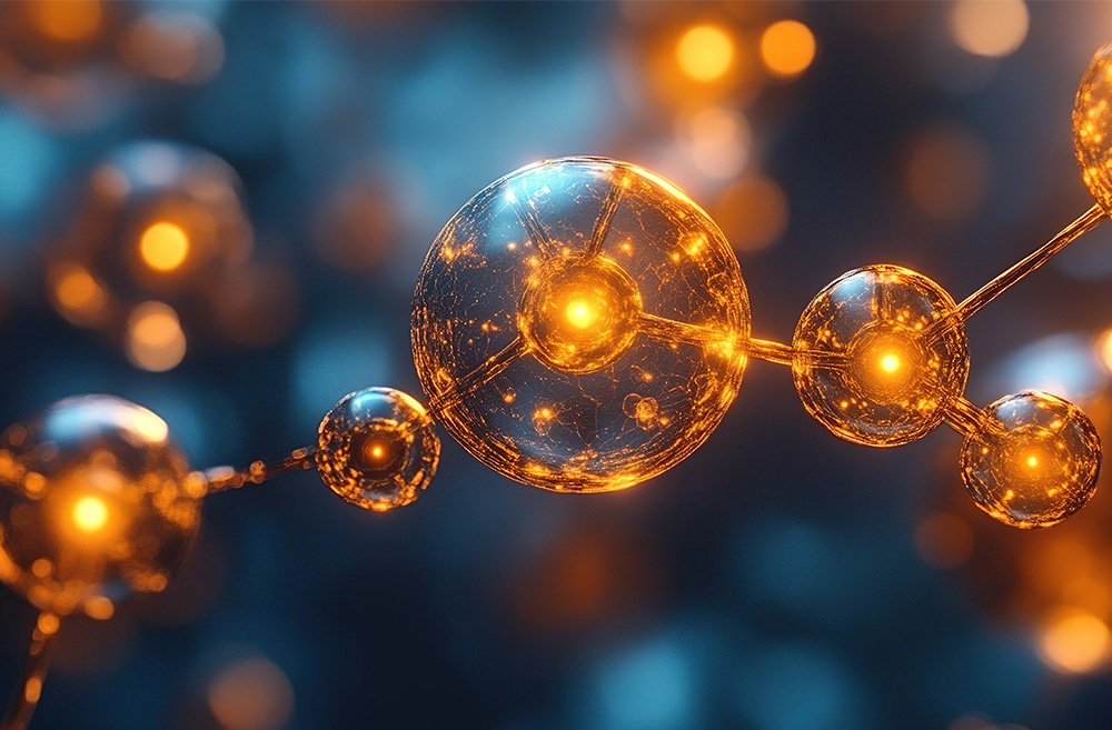 Digital rendering of a molecular structure with glowing gold and transparent spheres connected by lines, representing atoms and bonds in a futuristic style.