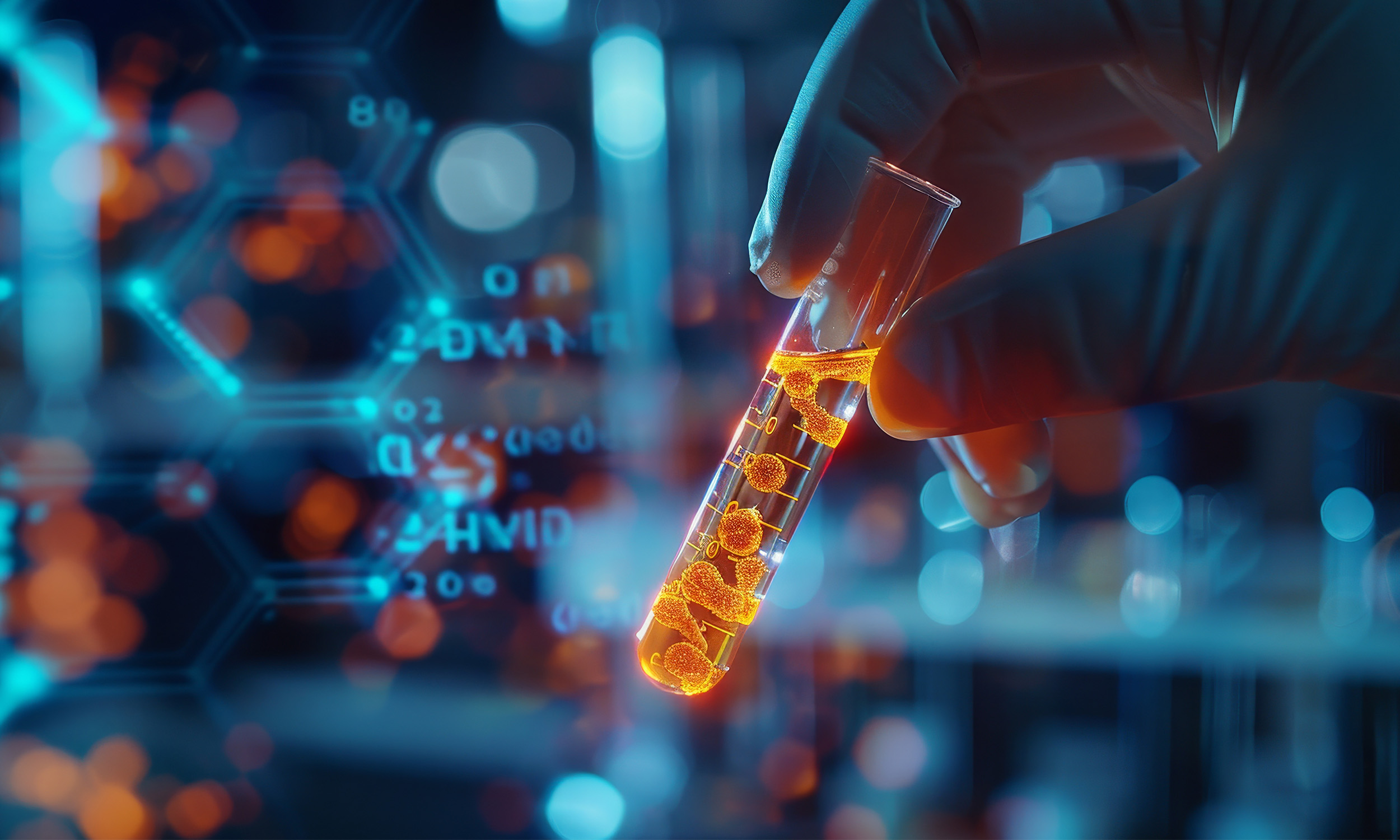 A scientist or researcher wearing gloves holds a test tube with a glowing orange substance inside, with a blurry background of digital and molecular graphics.