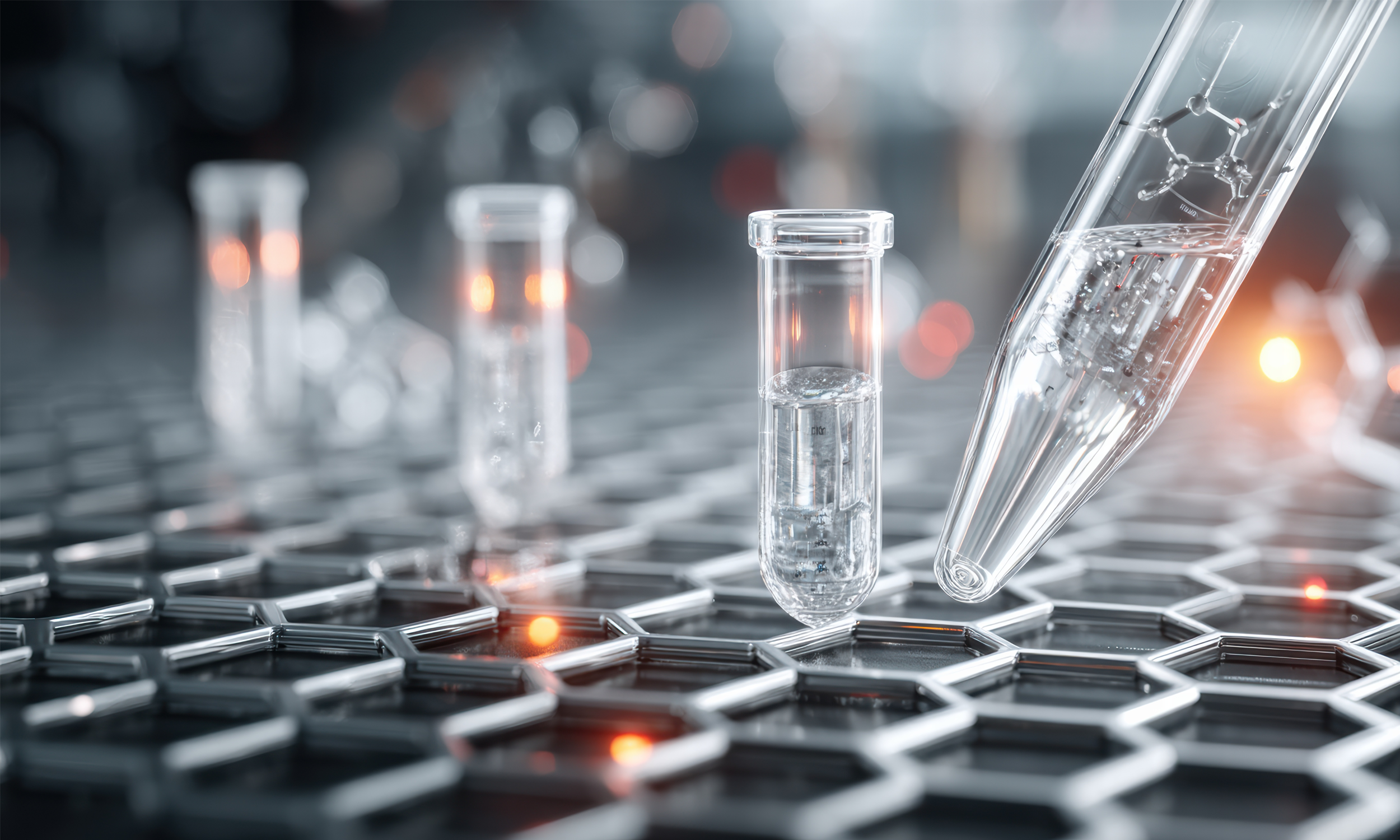 Close-up of laboratory glass test tubes filled with clear liquid on a metallic hexagonal-patterned surface with blurred background and bokeh lights.