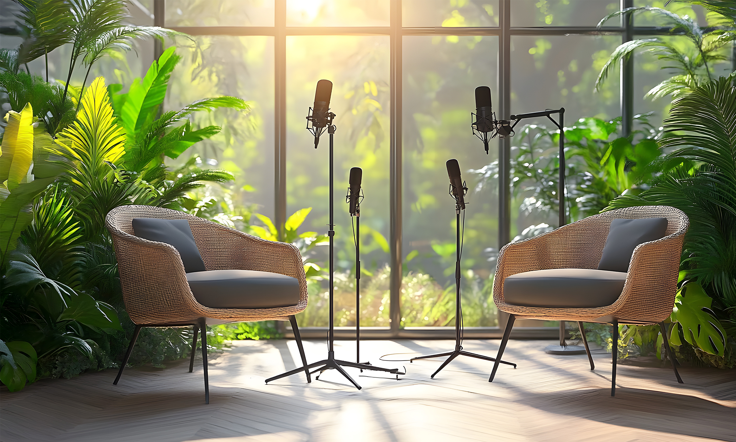 Sunlit room with two wicker chairs with cushions, surrounded by lush green plants, and four microphones on stands set up between the chairs, with a large window in the background showing a garden.
