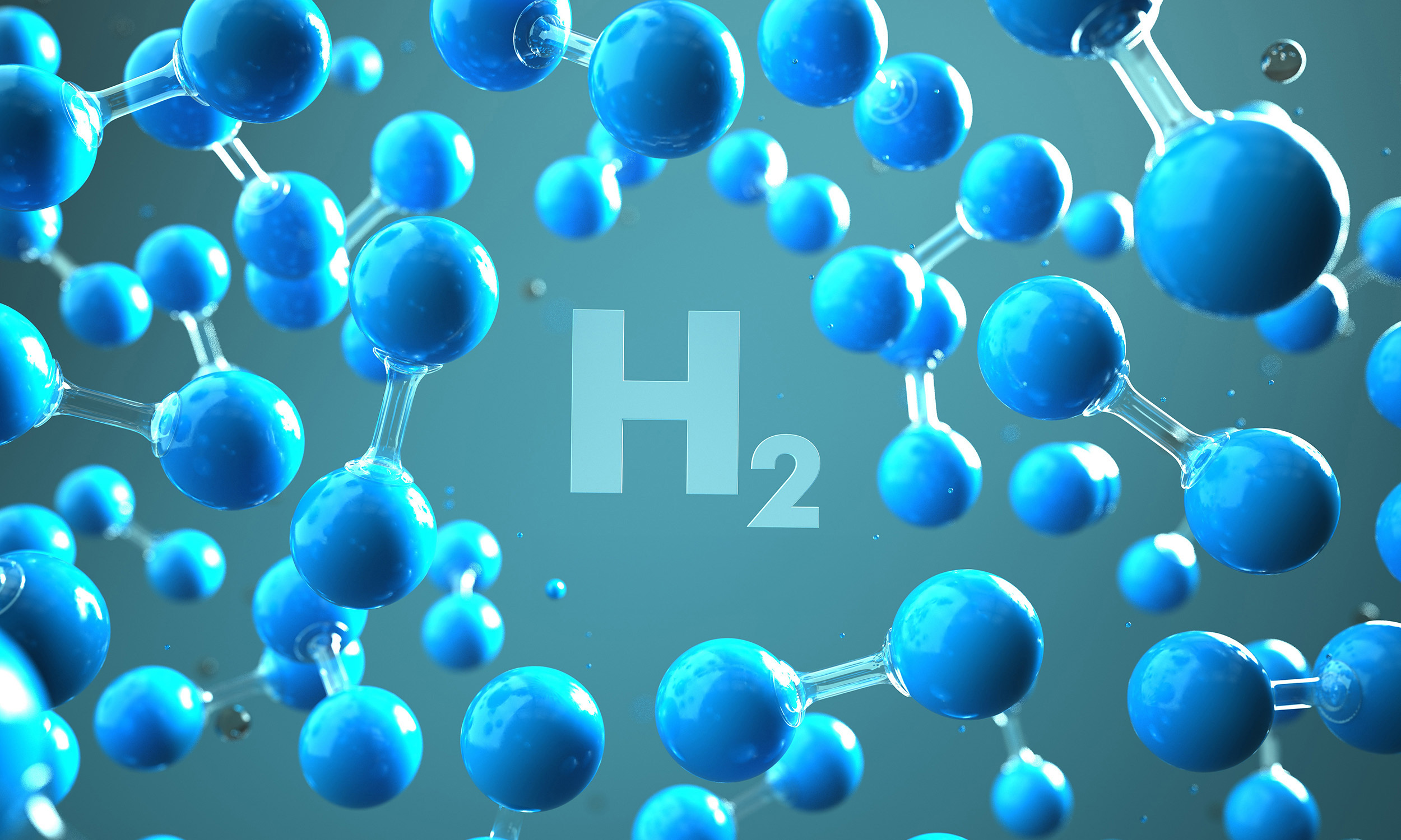 Digital illustration of hydrogen molecules with H2 chemical notation in center.