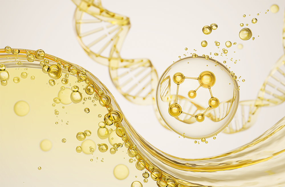 Close-up of a scientific illustration featuring a DNA double helix, molecular structures, and bubbles in a golden liquid.