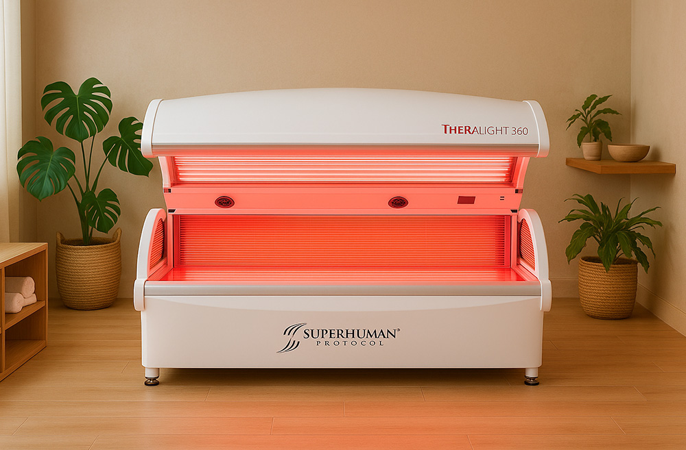 A red light therapy bed that opens and closes for the full body.