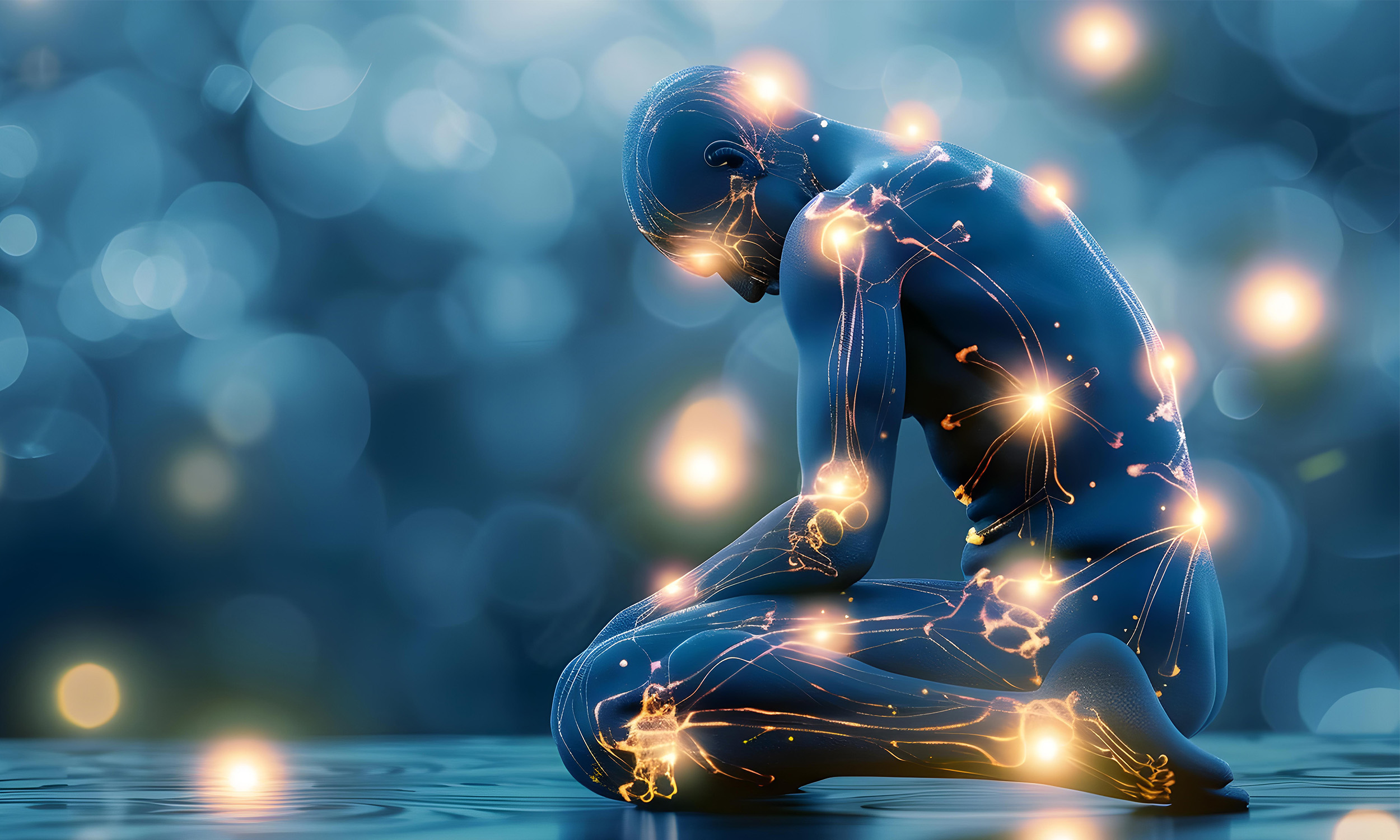 A digitally rendered human figure in a kneeling pose with a dark blue body, overlaid with glowing neural pathways and bright points of light, set against a blue bokeh background.