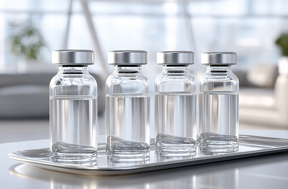 Four glass vials filled with clear liquid placed on a silver tray in a bright, modern room.