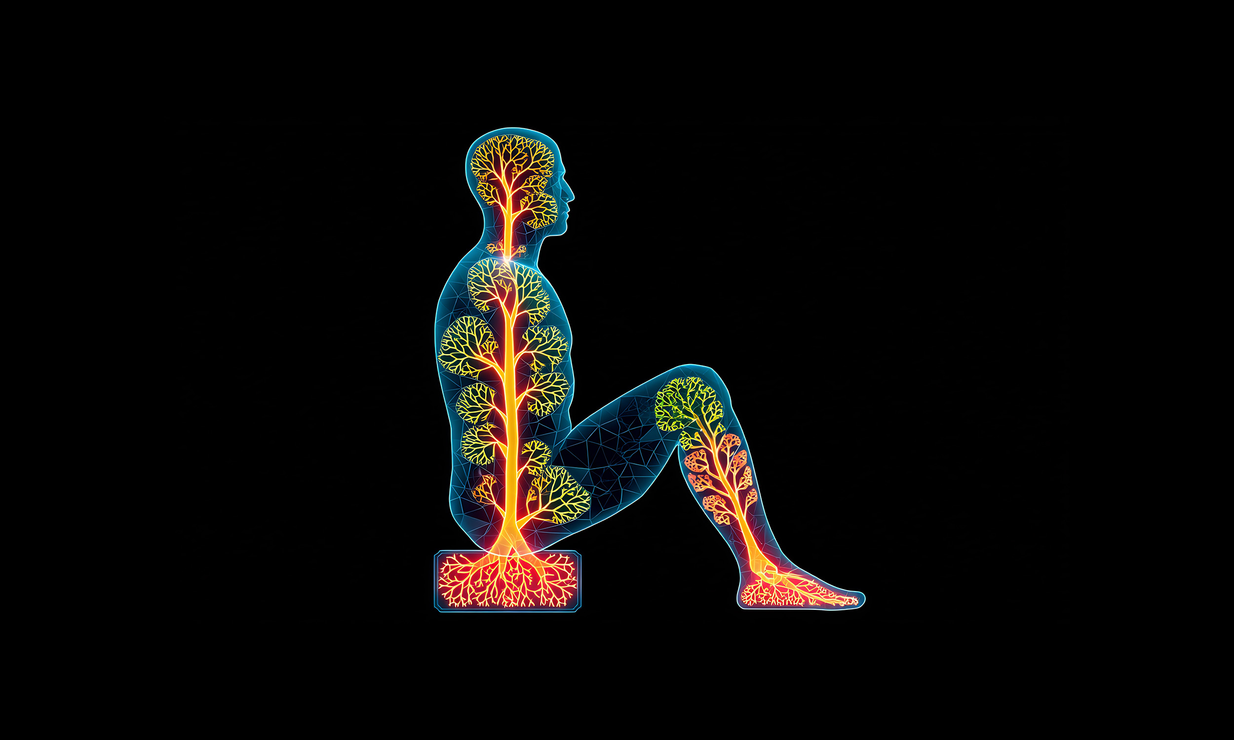 An illustration of the lymphatic system - a human sitting down showing the lymphatic system at the molecular level.