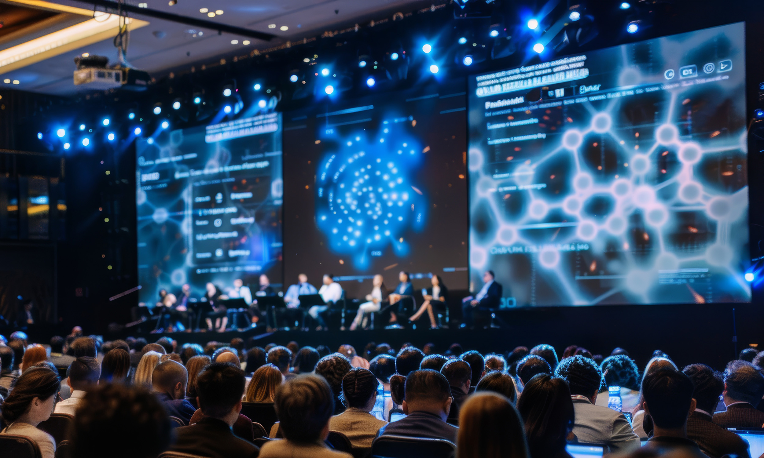 A panel of speakers on stage at a conference, with large digital screens displaying scientific diagrams, surrounded by an audience in a large, darkened auditorium.