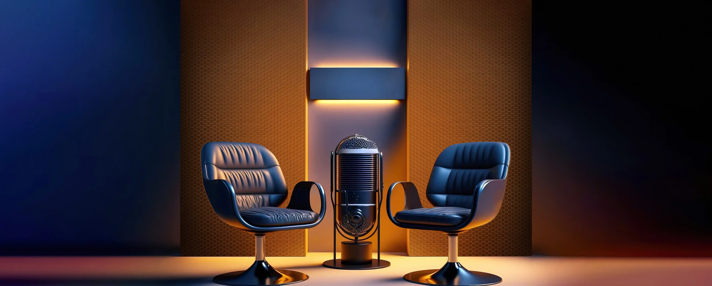 A recording studio setup with two black leather chairs, a microphone between them, and soundproofing panels on the wall.