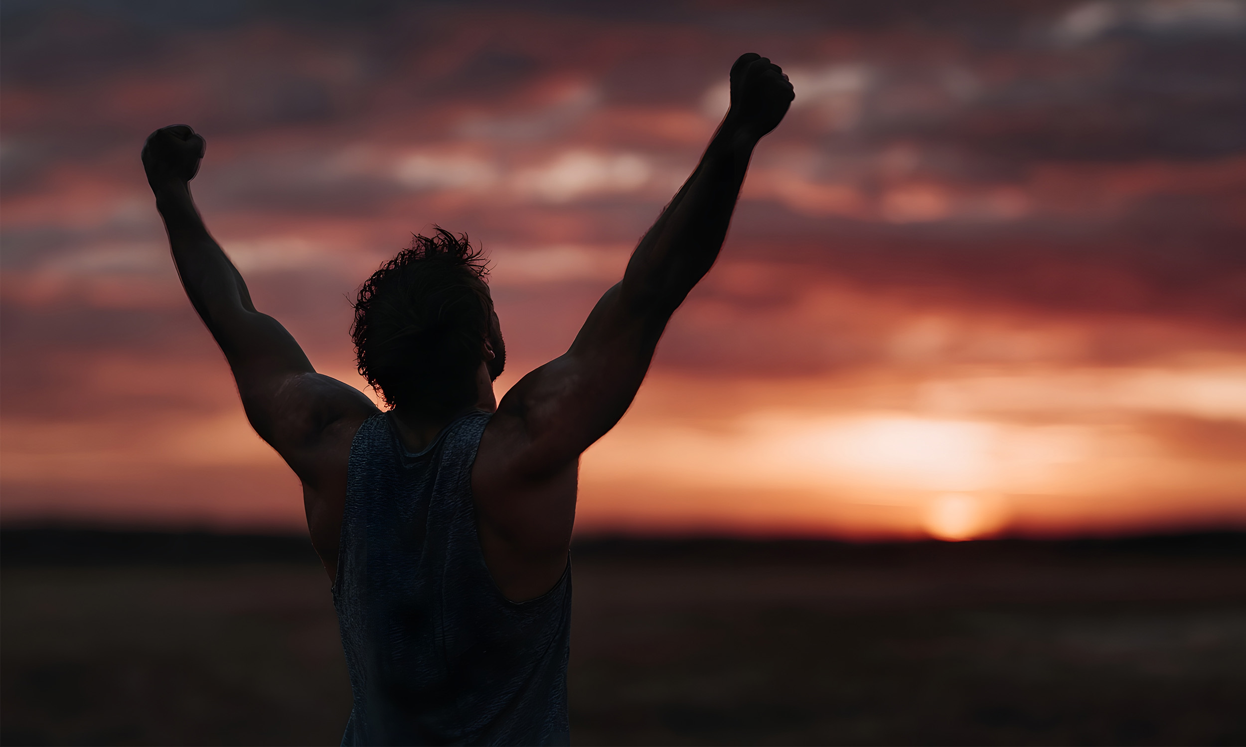 A person with arms raised triumphantly at sunset with colorful clouds in the sky.