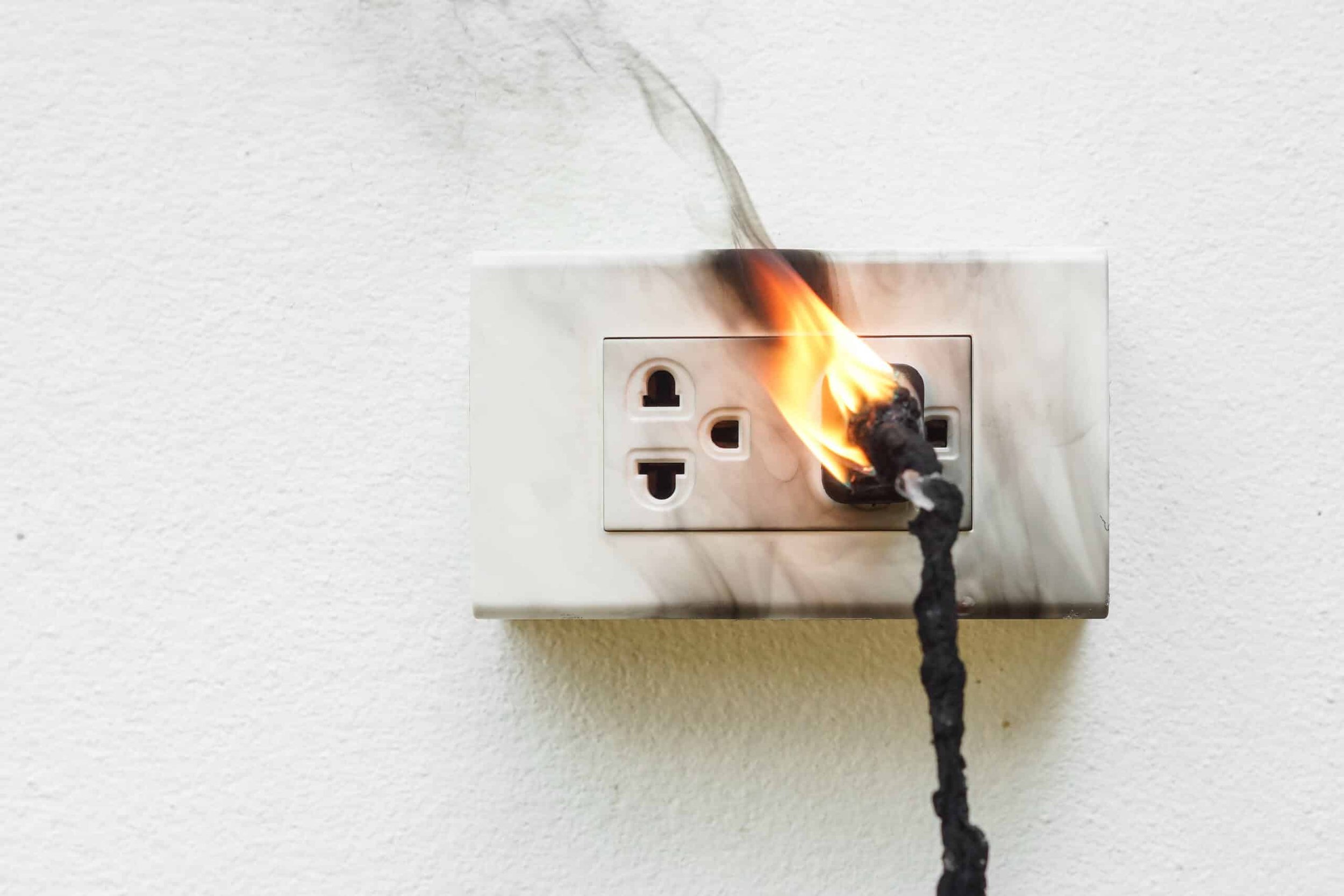 An electrical outlet on a wall with a burning power cord plugged into it, causing flames.