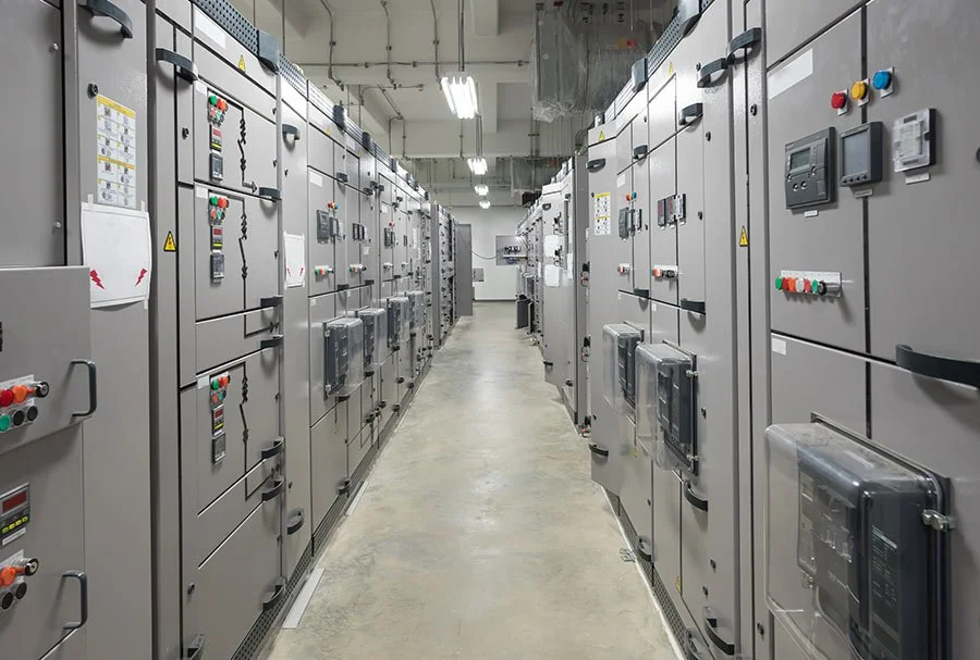 Long aisle of industrial electrical control panels in a data center or utility room with fluorescent lighting.