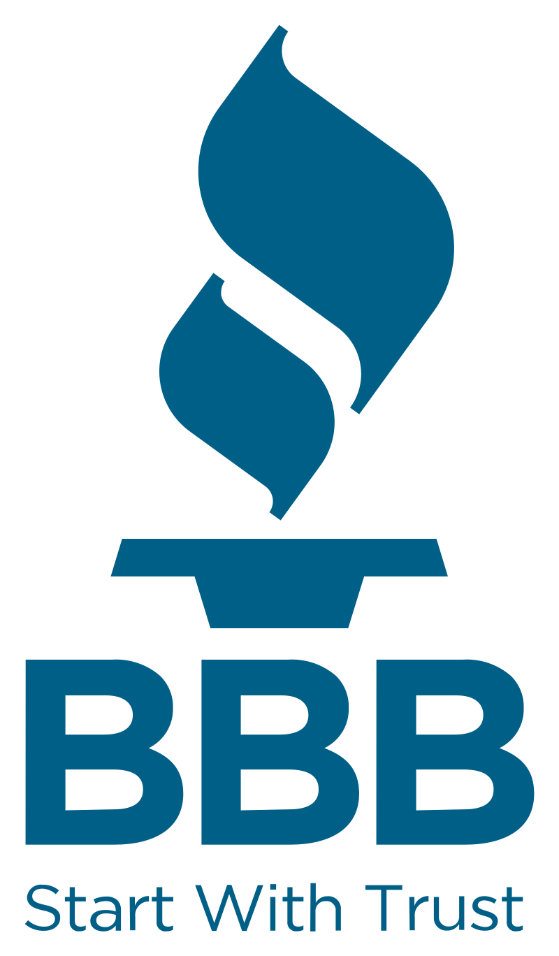 Logo featuring a stylized torch with a flame and the letters BBB below it, with the slogan "Start With Trust."