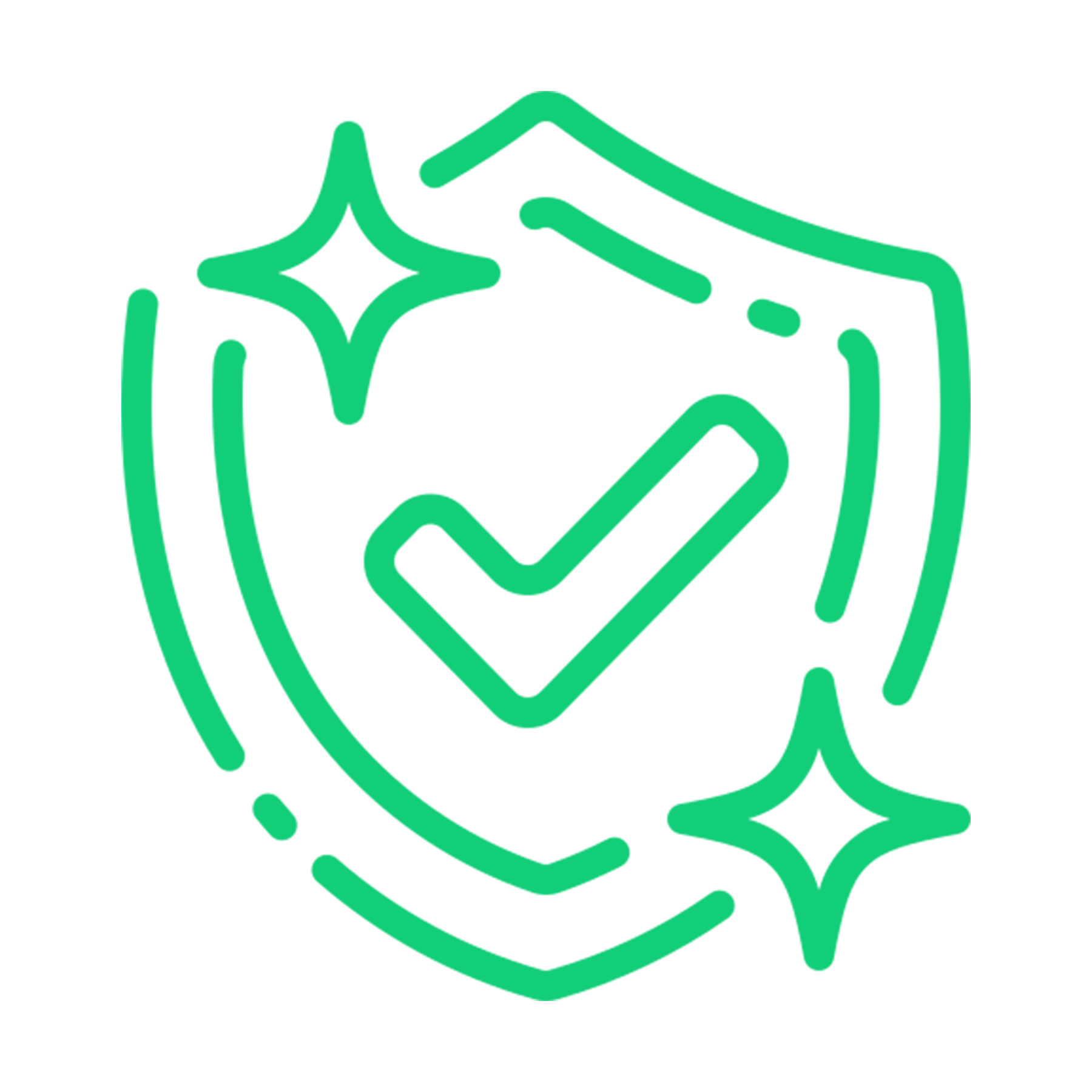 Outline of a shield with a checkmark inside and sparkles around it, symbolizing security or protection.