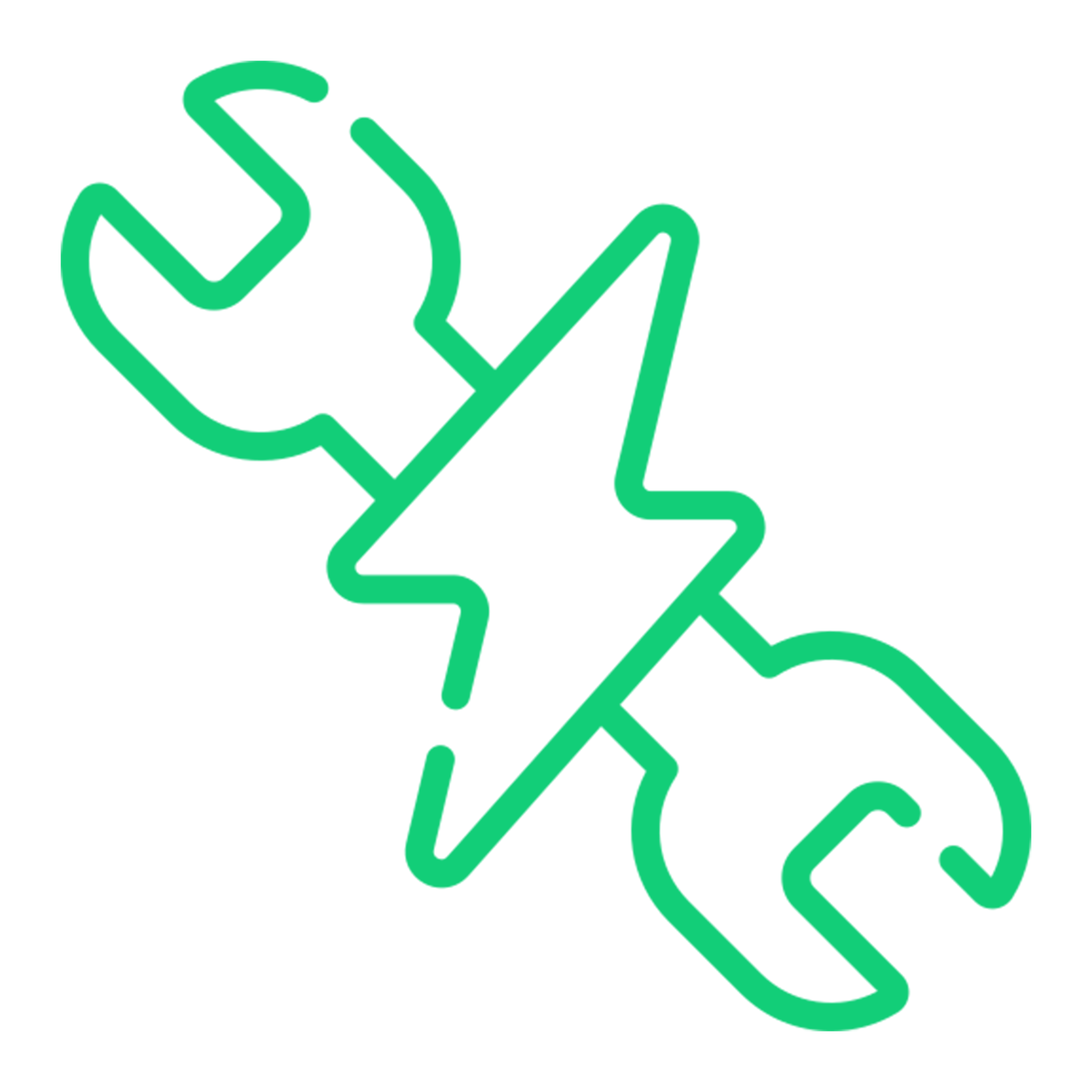 Green line drawing of a hand holding a wrench and a lightning bolt.