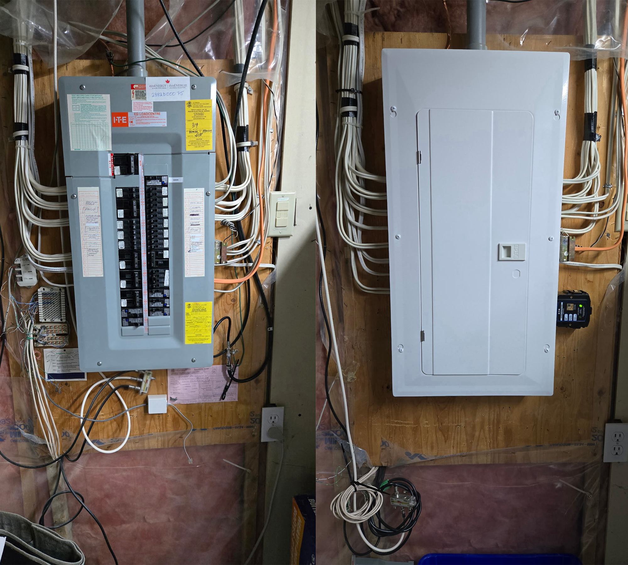 Electrical breaker panel with wiring on the left, and a closed electrical panel with wiring on the right, both mounted on a wooden wall.