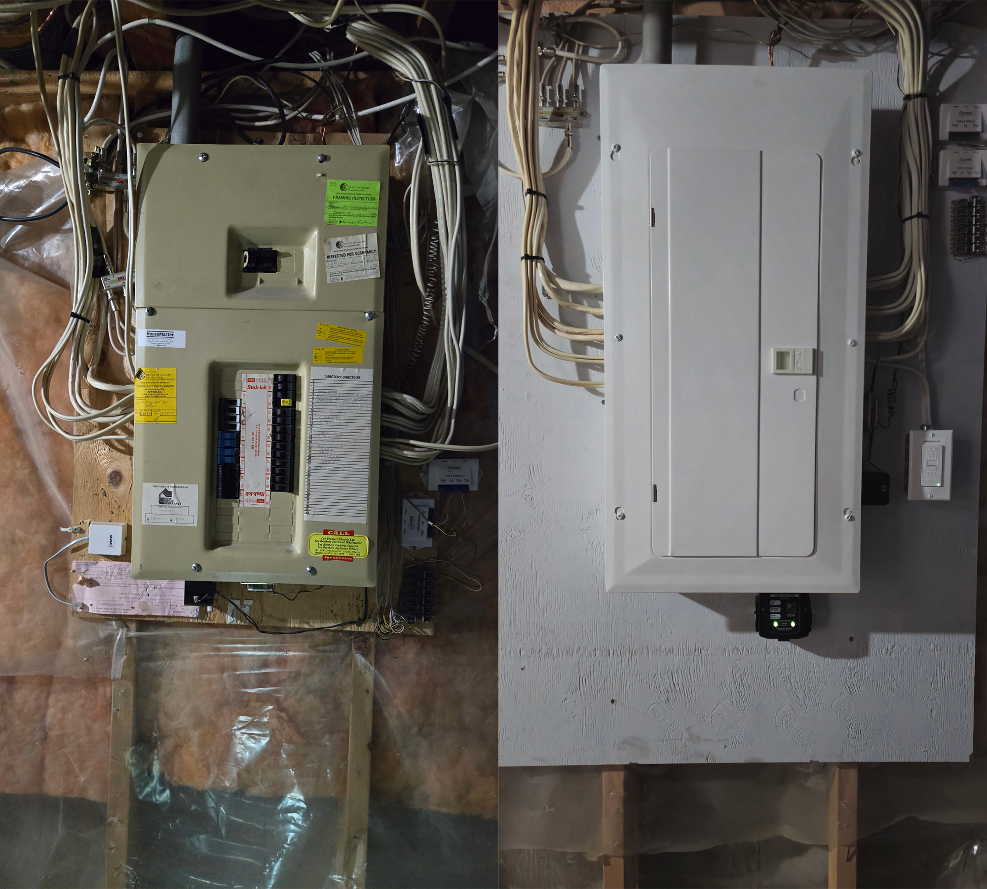 Comparison of two electrical panels, one old and open on the left, and a new, closed white panel on the right, mounted on a white wall.