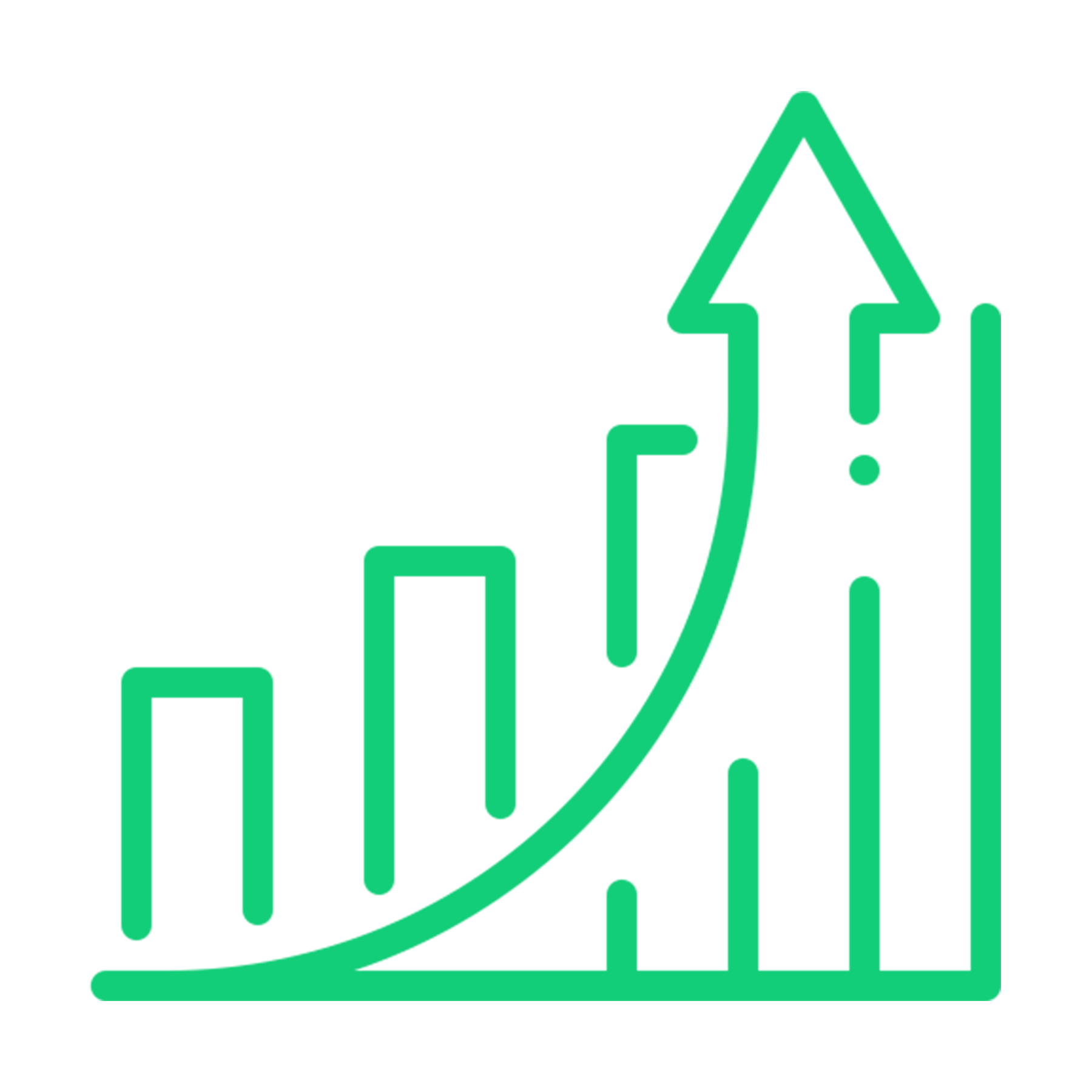 Green line graph with ascending bars and a curved arrow pointing upward, indicating growth or increase.