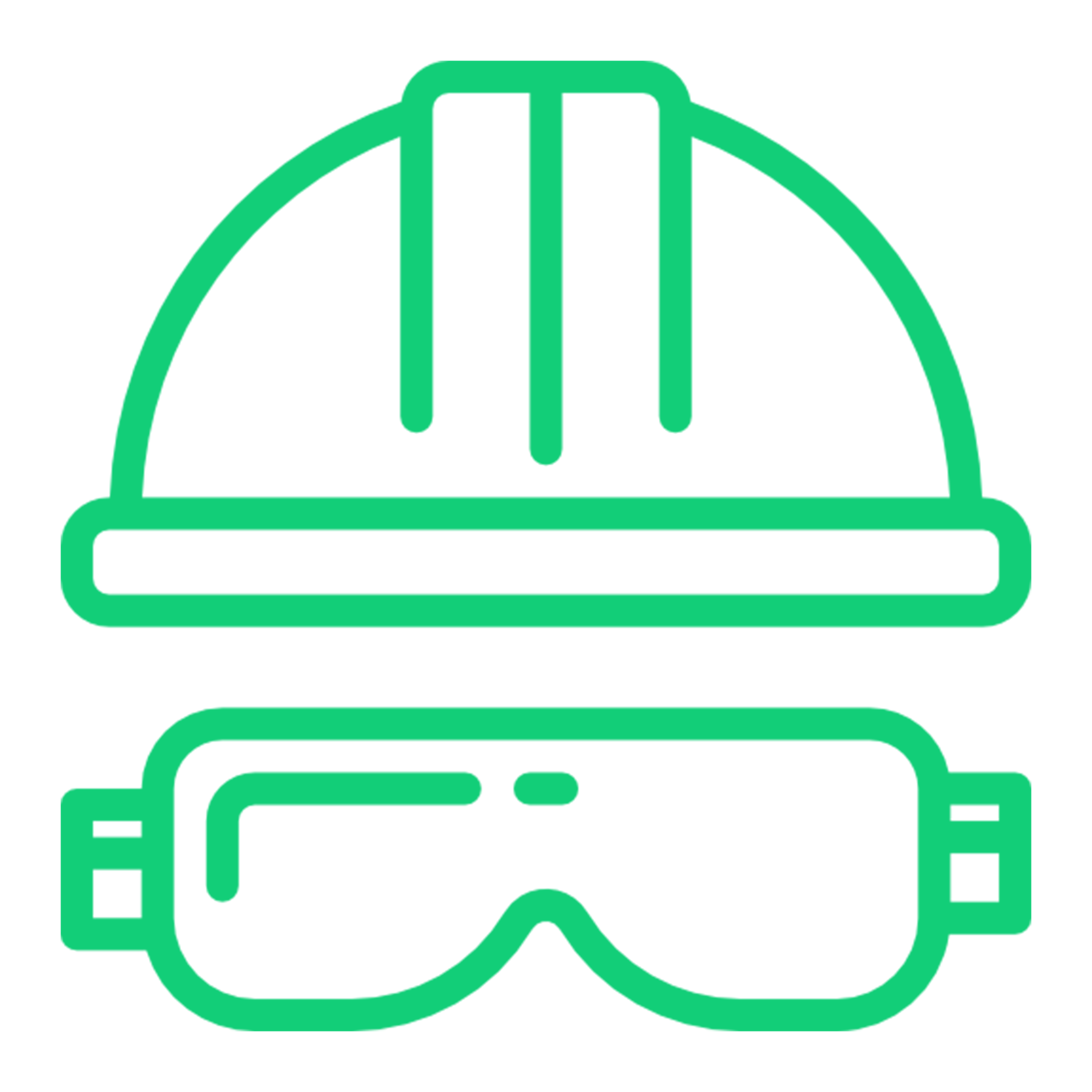 Outline icon of a construction helmet above safety goggles.