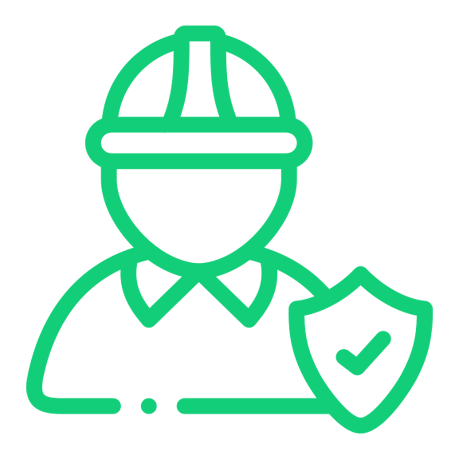 Outline icon of a person wearing a hard hat holding a shield with a checkmark, symbolizing safety and protection.