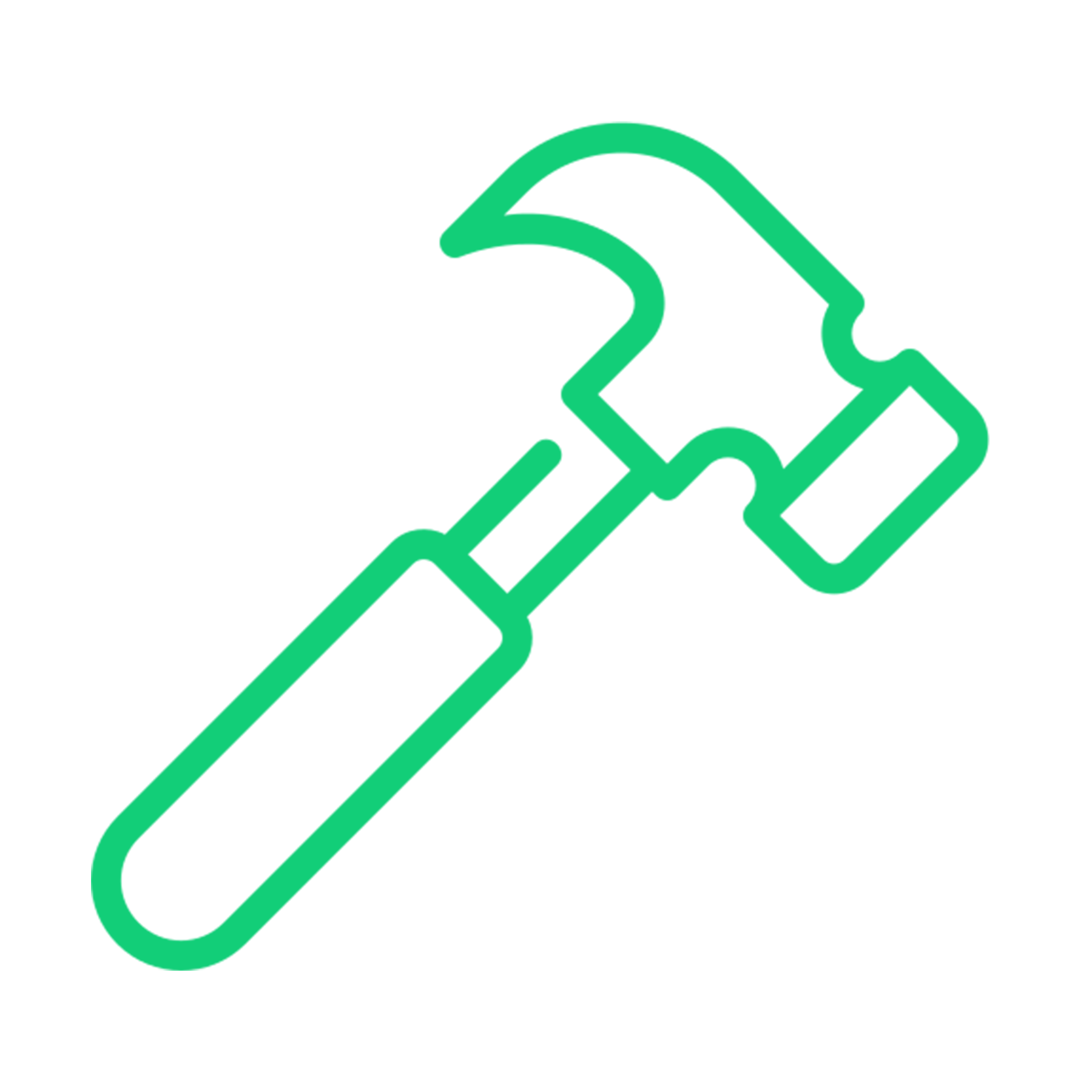 Outline drawing of a hammer intertwined with a wrench, both depicted in green.