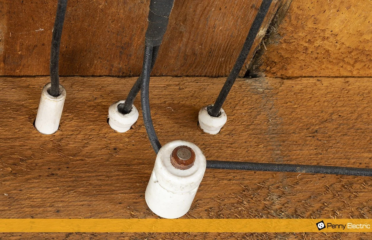 Close-up of electrical wires connected to ceramic insulators on a wooden surface, with a rusty screw in the foreground, and a Penny Electric logo in the bottom corner.
