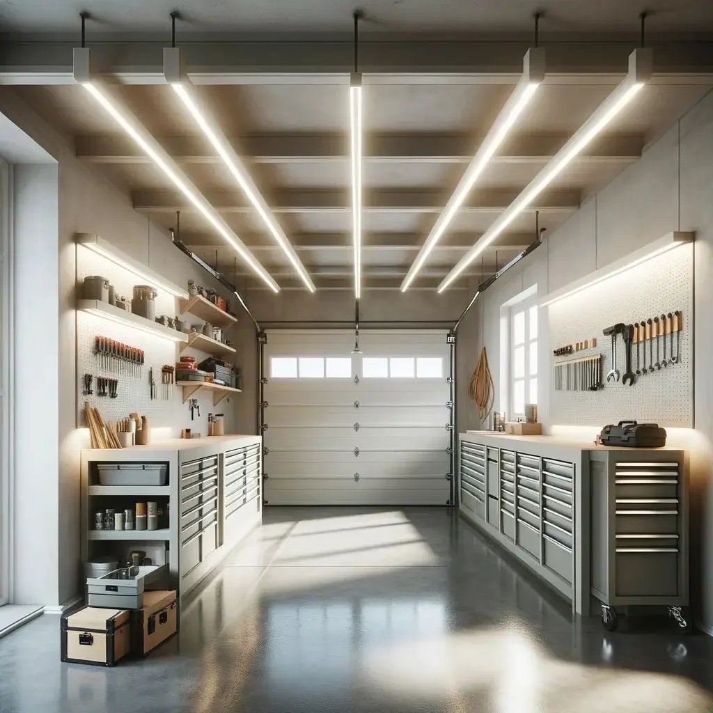 A modern, organized garage workshop with white cabinets, pegboards holding tools, and a large garage door.