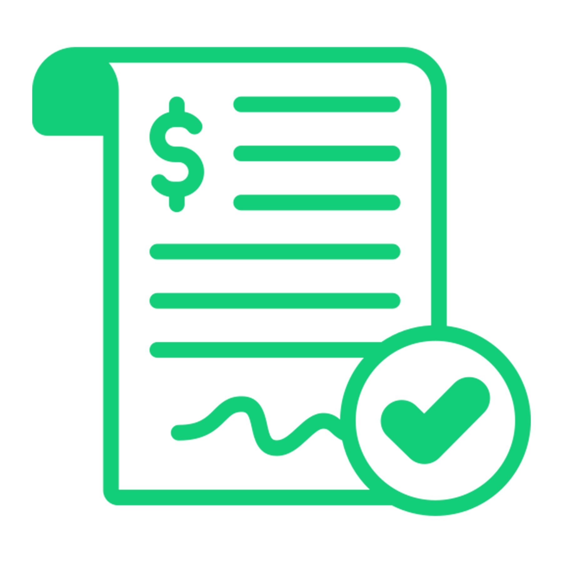 Icon of a financial document with a dollar sign, signature line, and a checkmark