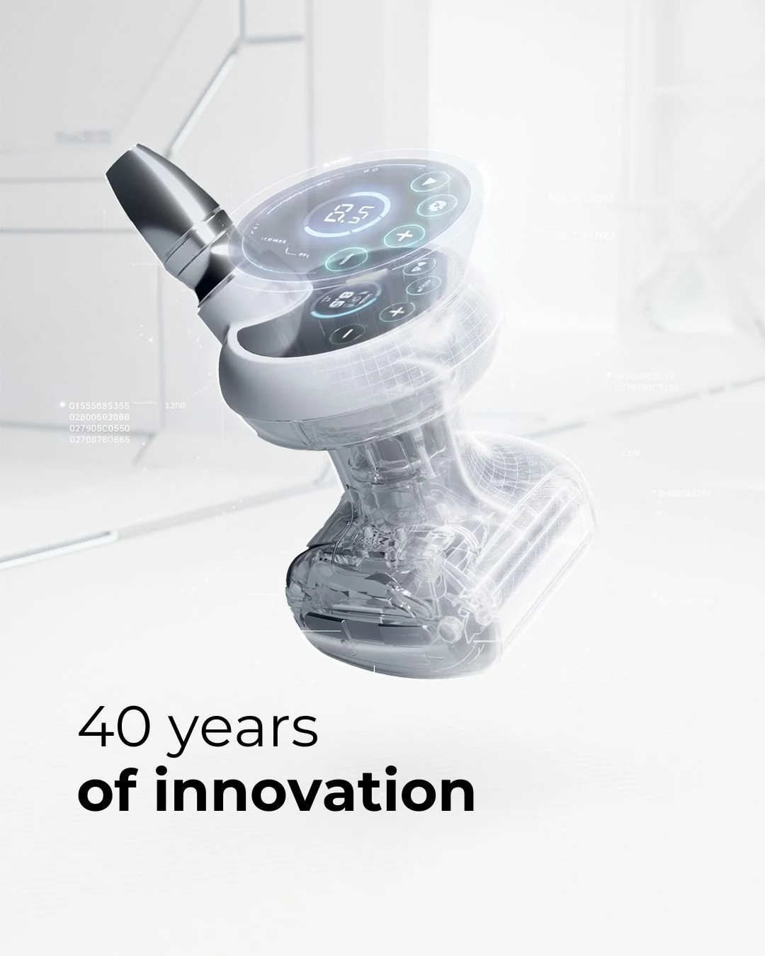 A futuristic medical device with a digital display and controls, featuring holographic and transparent elements, emphasizing innovation over 40 years.