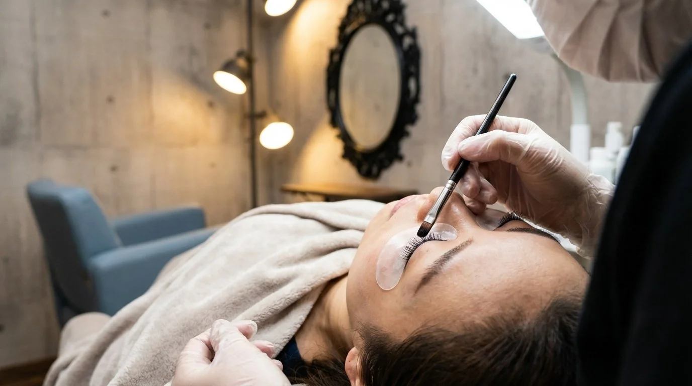 Esthetician applying lash tint during a lash lift and tint appointment at Be Smooth in Portland's Pearl District