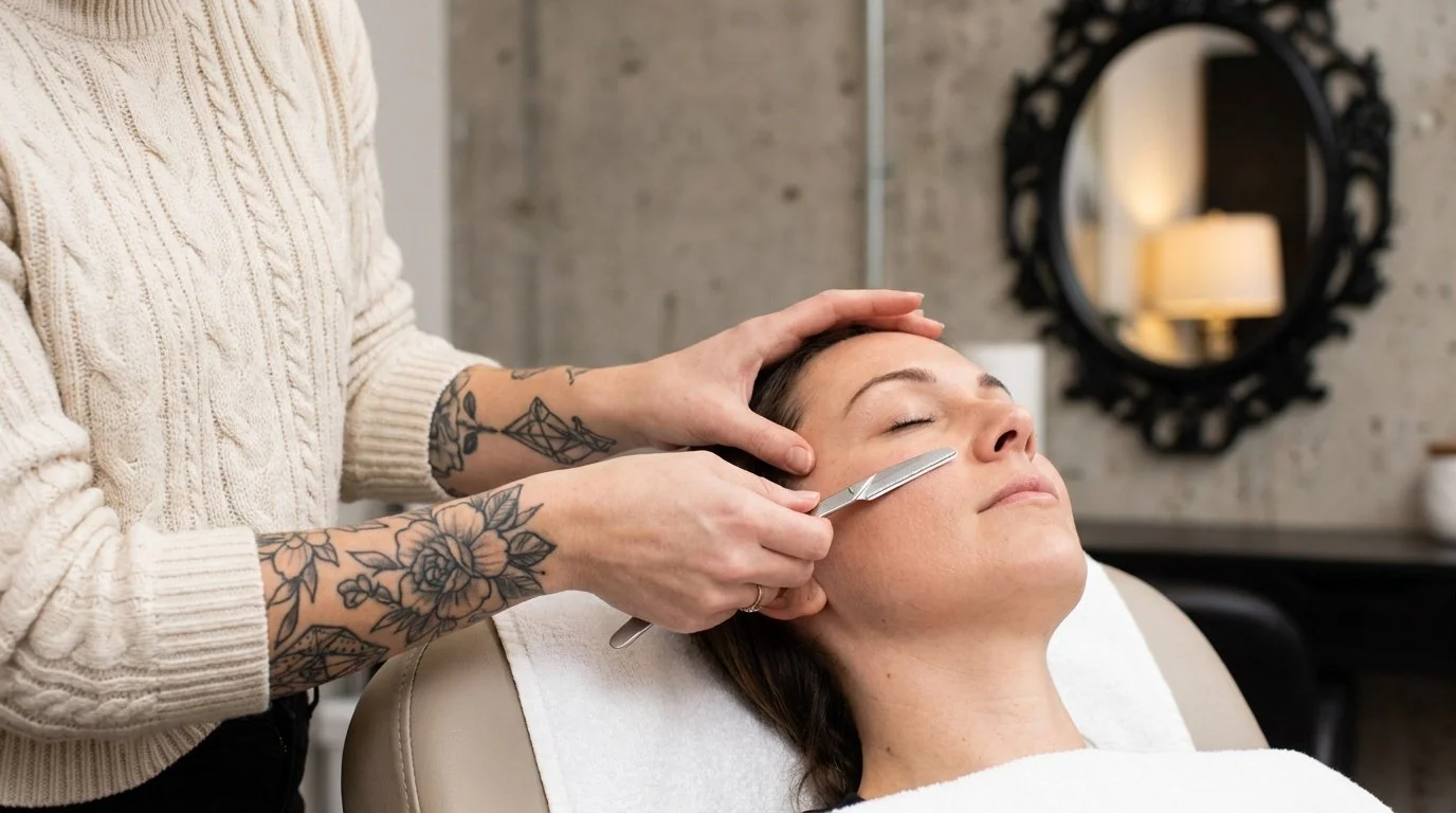 A woman receiving a facial treatment in a spa, relaxing with her eyes closed, as an esthetician uses a tool on her cheek.