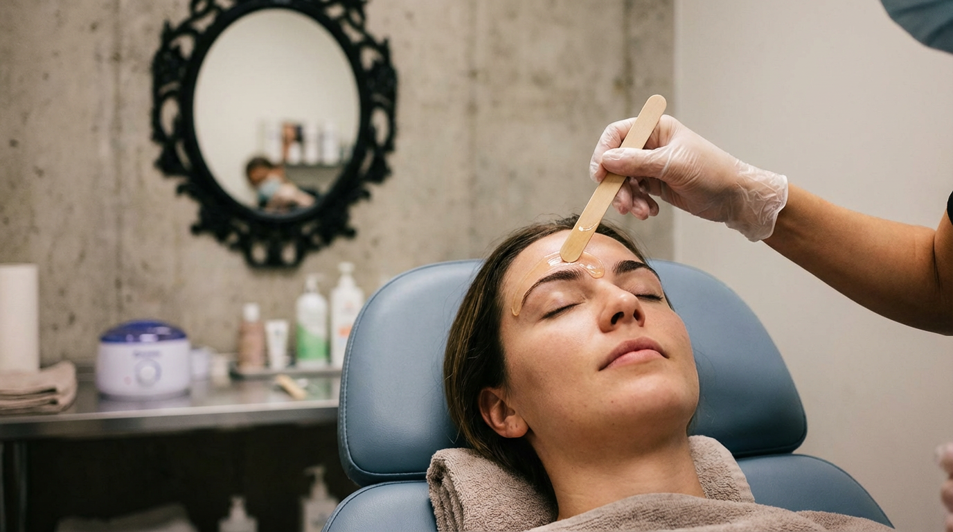 Esthetician performing eyebrow waxing treatment at Be Smooth studio in Portland's Pearl District