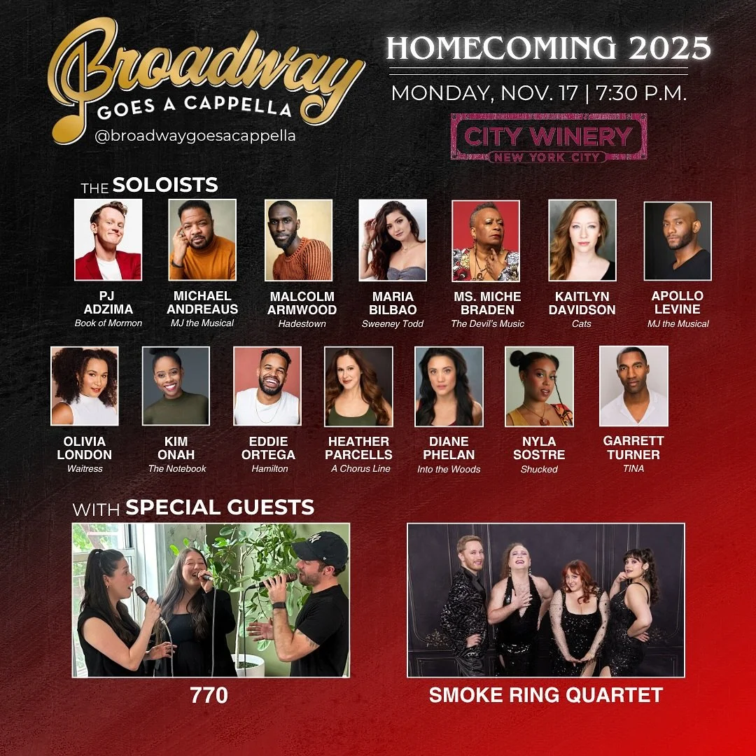 Wow wow! We&rsquo;re so excited to perform alongside a cast STACKED with talent and tenured Broadway performers at this year&rsquo;s @broadwaygoesacappella on Nov 17 at City Winery. We hope to see our NYC crew there! #bgachomecoming 

Tickets: https: