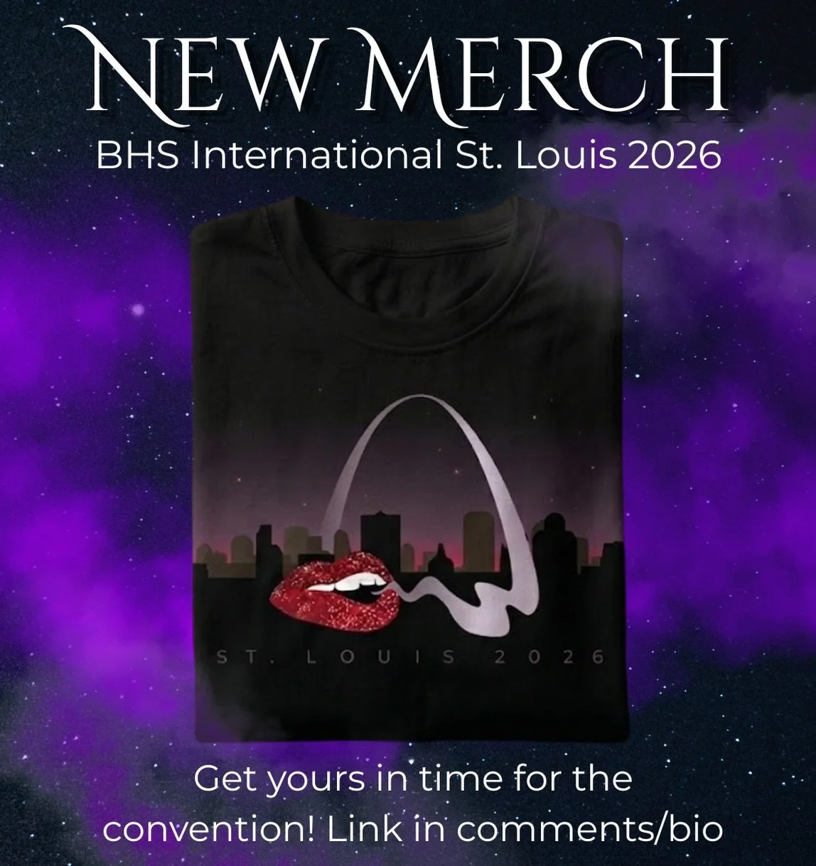 You&rsquo;ve still got time to get our limited edition Smoky Arch shirts in time for the St. Louis convention! All merch orders help fund our journey to STL 💜 link in bio/comments 😘 they come in a range of styles and sizes (including tanks and crop