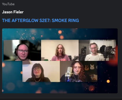 Screenshot of a virtual podcast episode titled 'The Afterglow S2E7: Smoke Ring' featuring five participants in a video call.