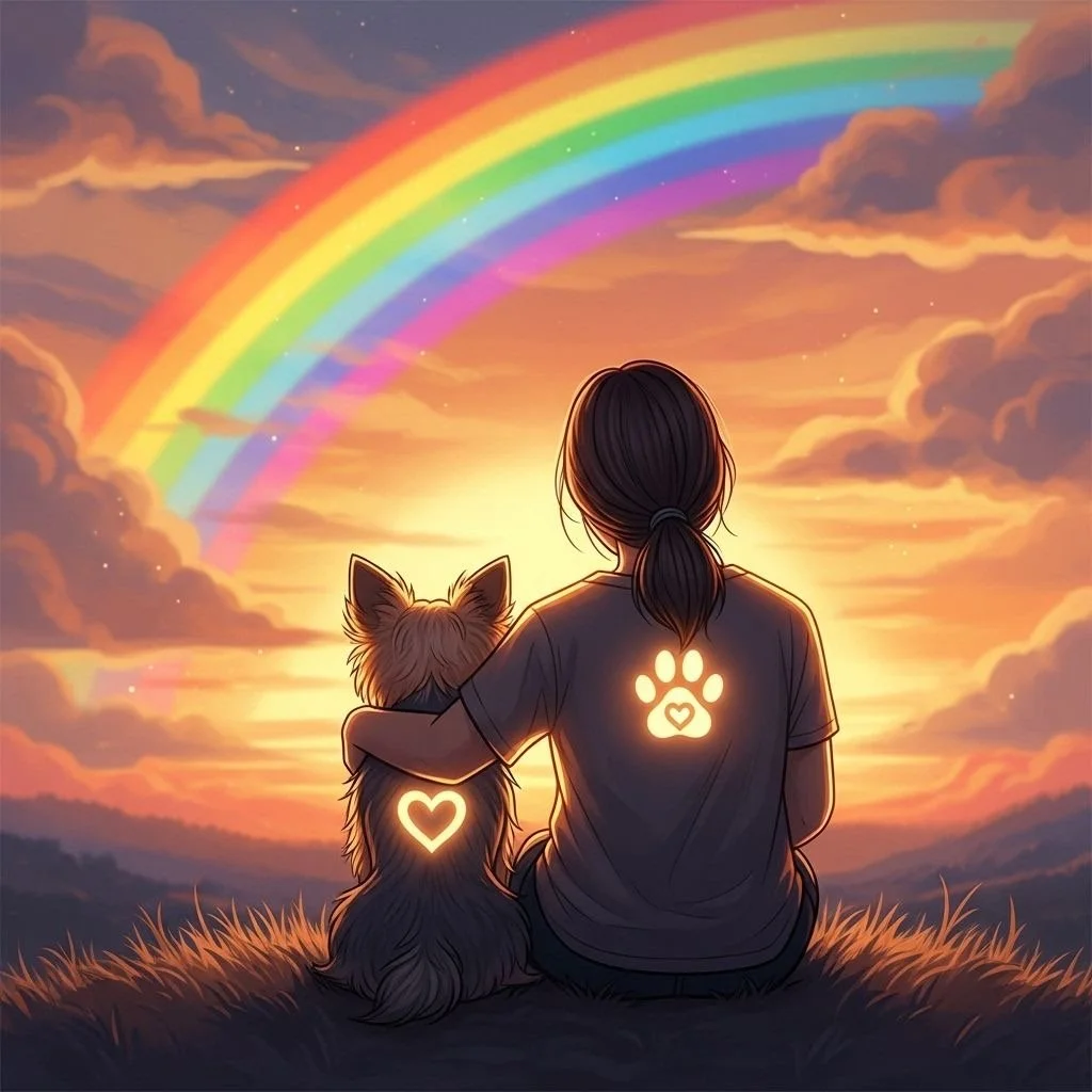 Une jeune femme et son chien, assis sur l'herbe, regardent un ciel avec un arc-en-ciel et un coucher de soleil. Les deux ont des dessins lumineux en forme de cœur et de patte sur leurs vêtements. Communication animale, soin énergétique du vivant