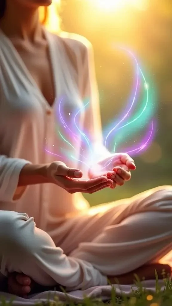 Une femme assise en position de méditation dans un environnement naturel, tenant dans ses mains une sphère de lumière colorée et lumineuse. Soin énergétique animale et humain