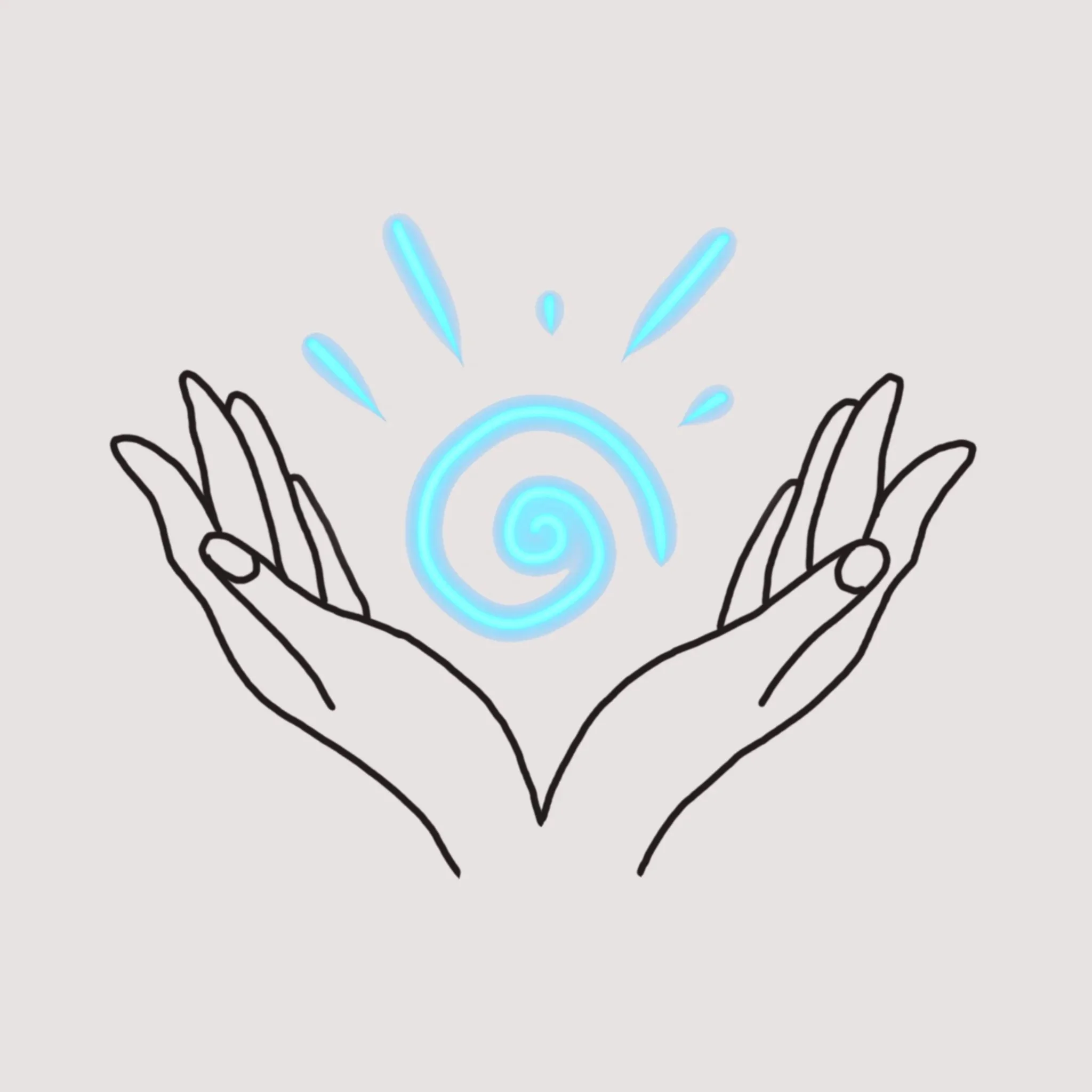 Deux mains esquissées entourant un symbole en spirale avec des éclats lumineux bleu.
