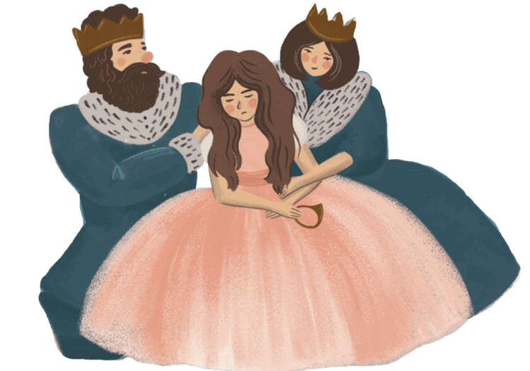 The upset princess comforted by her royal parents